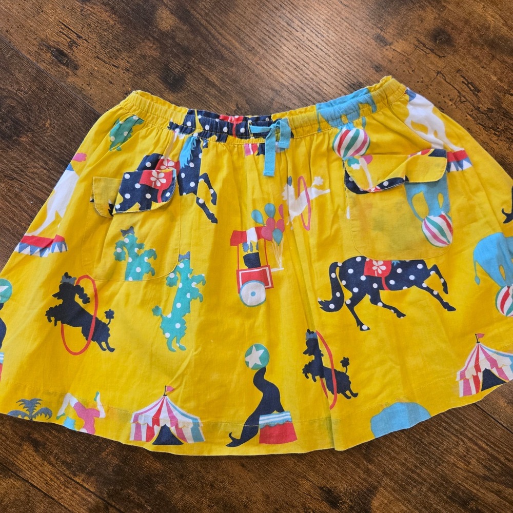 Mini Boden Girls Yellow Circus Print Cotton Skirt Elastic Waist Pockets 4-5Y